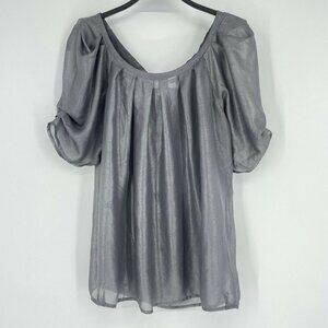 Lumiere Blouse Women's Sz M Bell Sleeve Pleated Front Metallic Tunic Gray